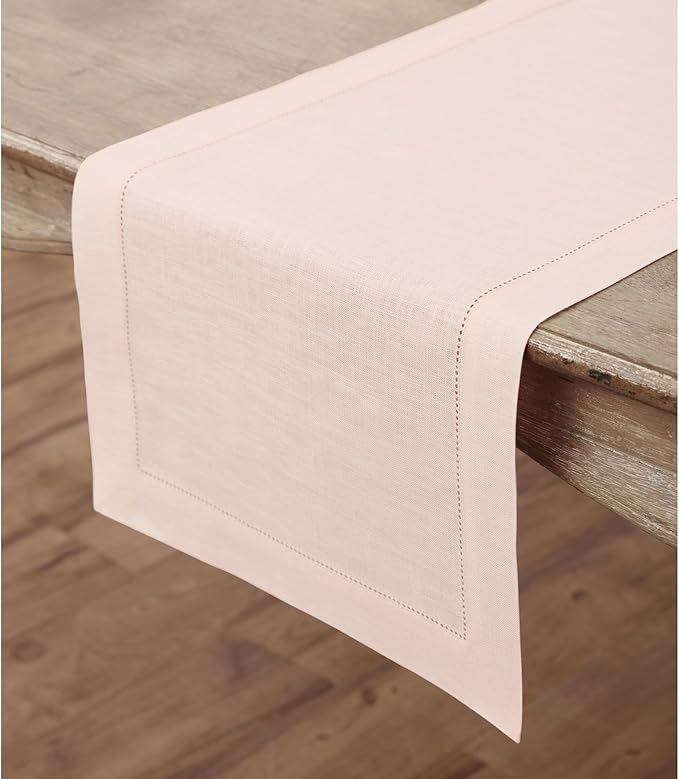 Solino Home Linen Pink Table Runner 72 Inches Long - 100% Pure Linen Hemstitch Table Runner 14 x 72 Inch for Dresser, Dining and Halloween - Classic Hemstitch