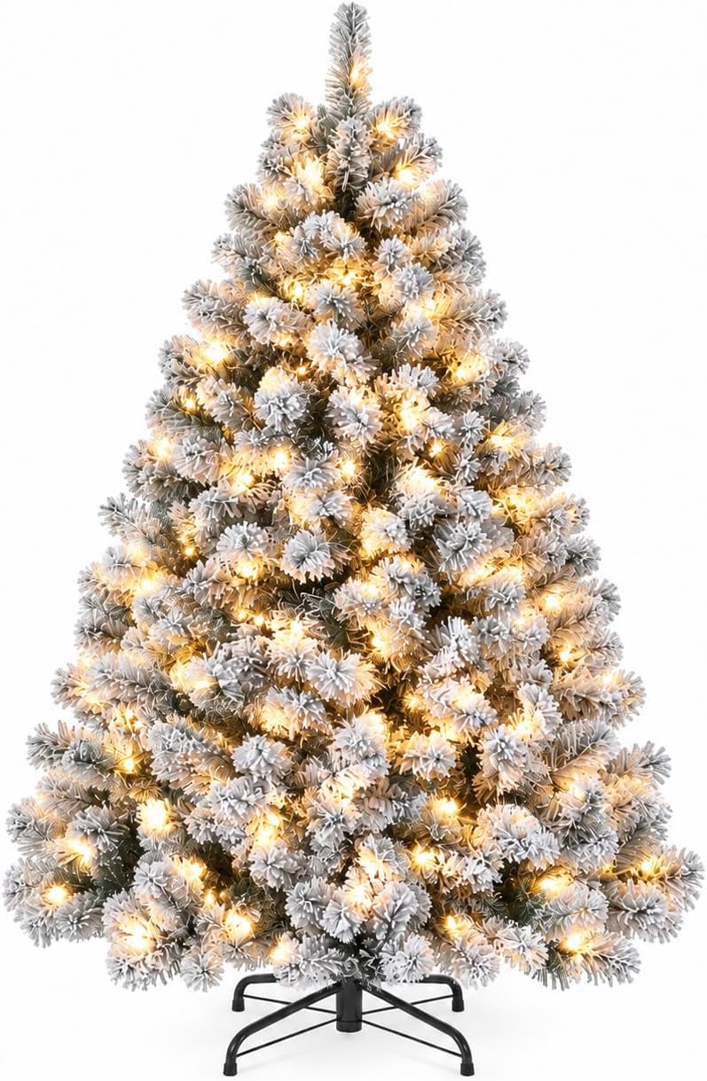 Garvee 6 FT Christmas Tree, Prelit Artificial Christmas Tree with 250 Warm White Lights, Realistic Flocked Material, Metal Hinges, Foldable Stand, on/Off Foot Pedal, Holiday Decoration, Green & White