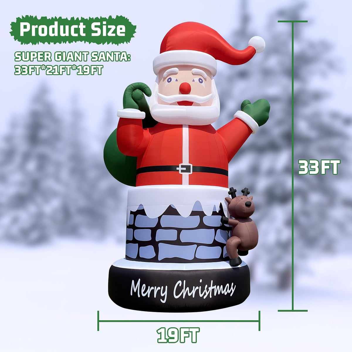 Giant Santa Inflatable 33FT Santa Claus with Reindeer for Christmas Outdoor Decoration, UL Blower/Sturdy Oxford/Outdoor Blow Up Yard Decoration