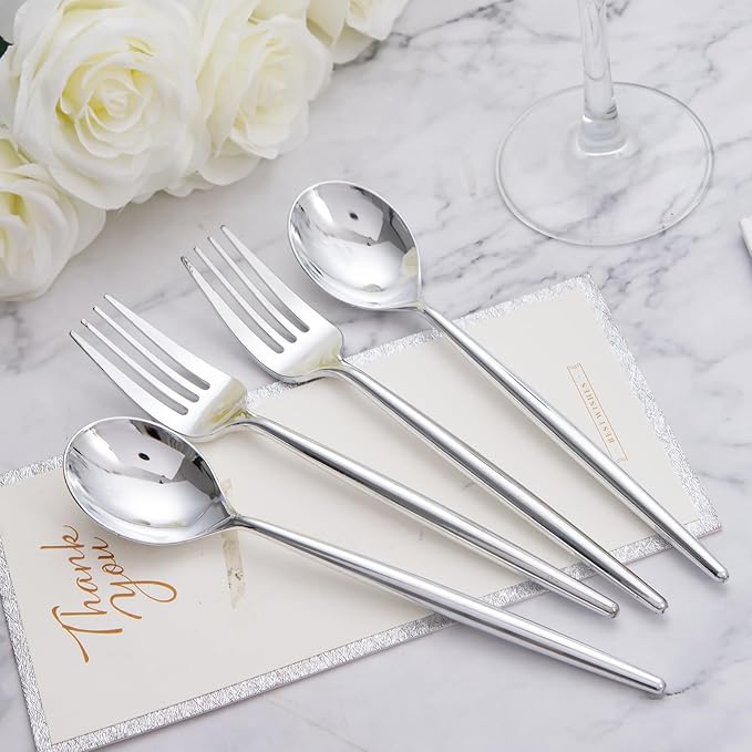 SUT 200Pcs Plastic Silverware,Plastic Spoons and Forks, Disposable Silverware,Silver Plastic Silverware, Disposable Forks and Spoons, Includes 100 forks, 100 spoons for Party, Birthday, Wedding