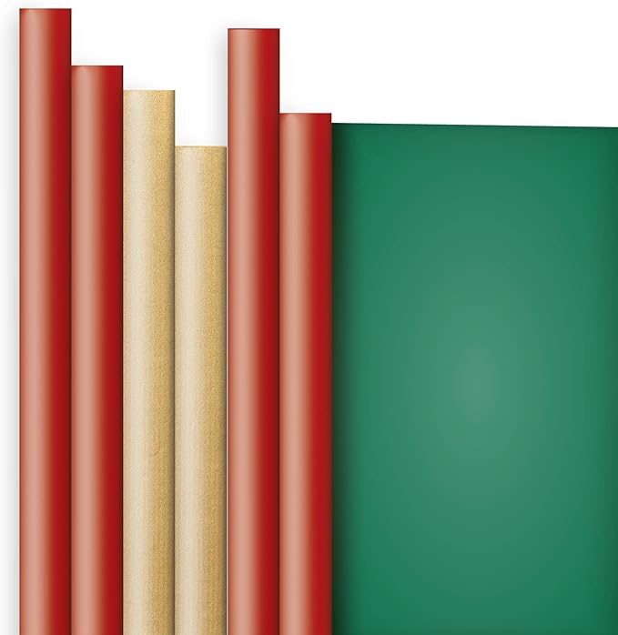 Jillson Roberts 6 Roll-Count Solid Color Wrapping Paper, Double-Sided Kraft Red and Gold/Gold and Silver/Red and Green