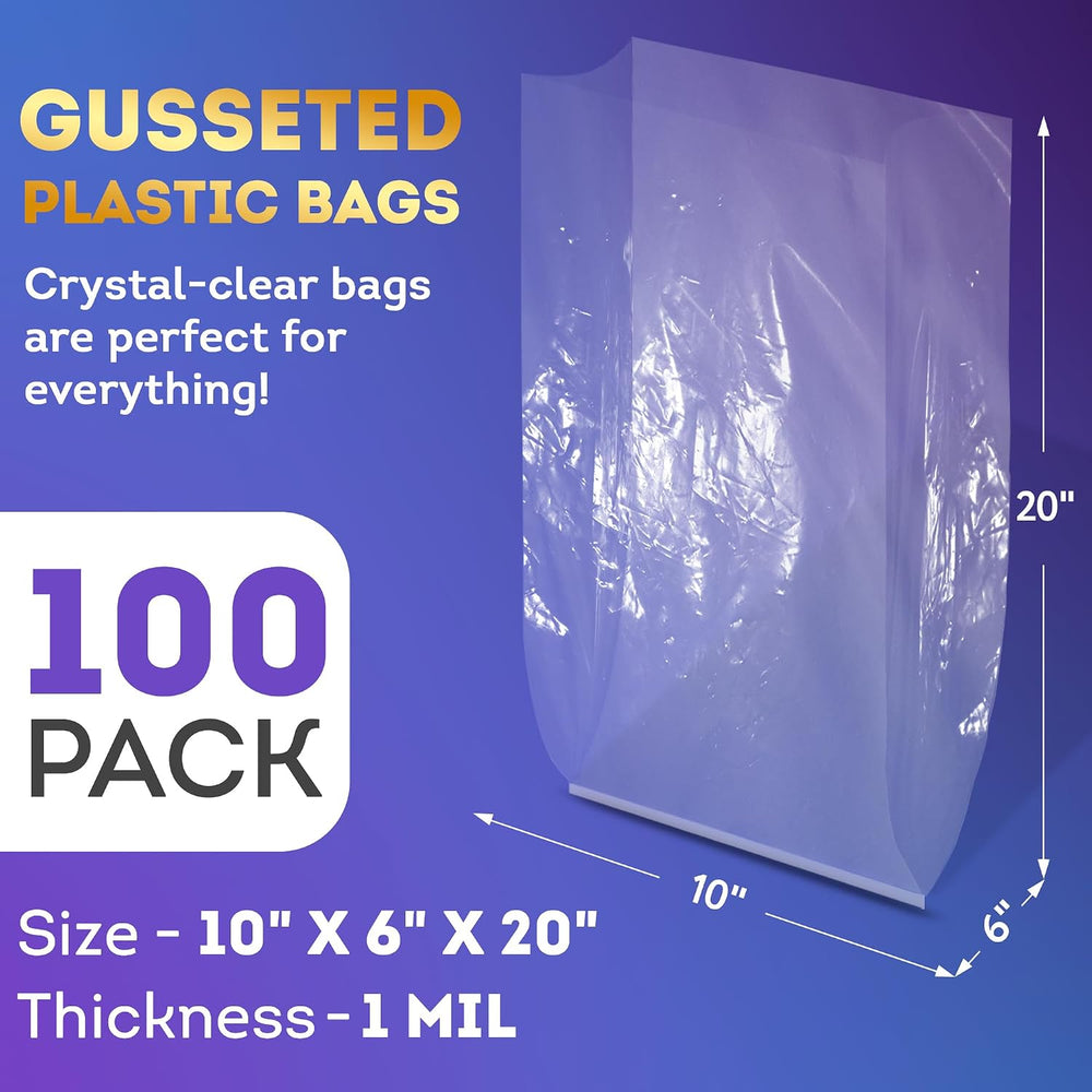 APQ Clear Gusseted Poly Bags, 10 x 6 x 20 Inch, 100 Count