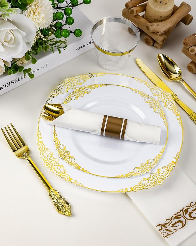 Goodluck 350 Piece Gold Plastic Dinnerware Set for 50 Guests, Fancy Disposable Plates, Include: 100 Gold Rim Plastic Plates, 150 Silverwares, 50 Pre Rolled Napkins, 50 Cups for Party, Wedding
