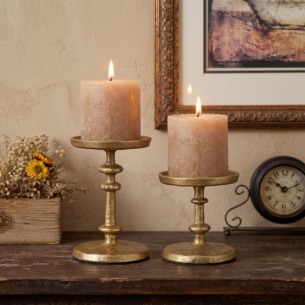 Gold Cast Iron Pillar Candle Holders Set of 2 Farmhouse Candlesticks