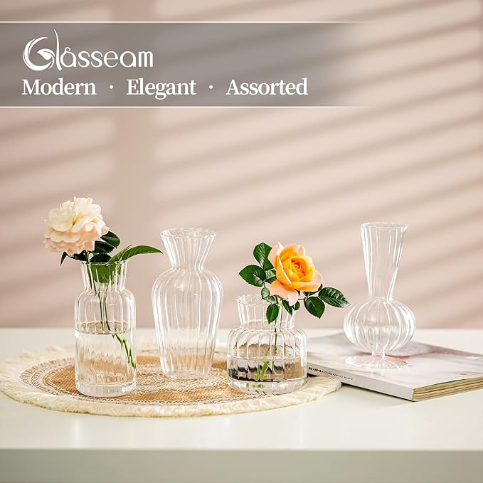 Modern Clear Glass Bud Vase Bulk Set: Glasseam 16Pcs Small Mini Flower Centerpieces Vases Handmade Decorative Cute Short Window Corner Home Decor for Wedding Reception Dining Table Single Rose