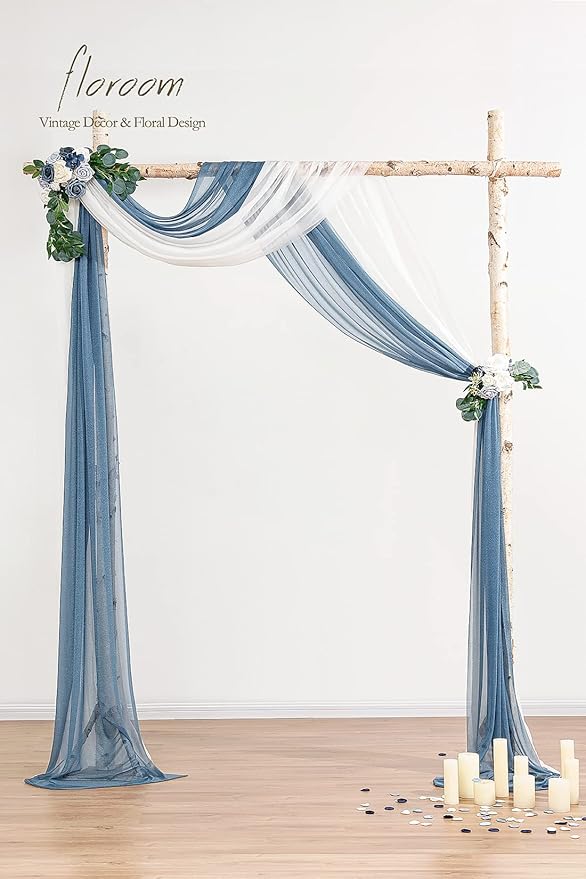 Floroom Wedding Arch Draping Fabric 2 Panels 20Ft Chiffon Fabric Drapes Arbor Drapery Wedding Ceremony Reception Swag Decorations (White & Dusty Blue)