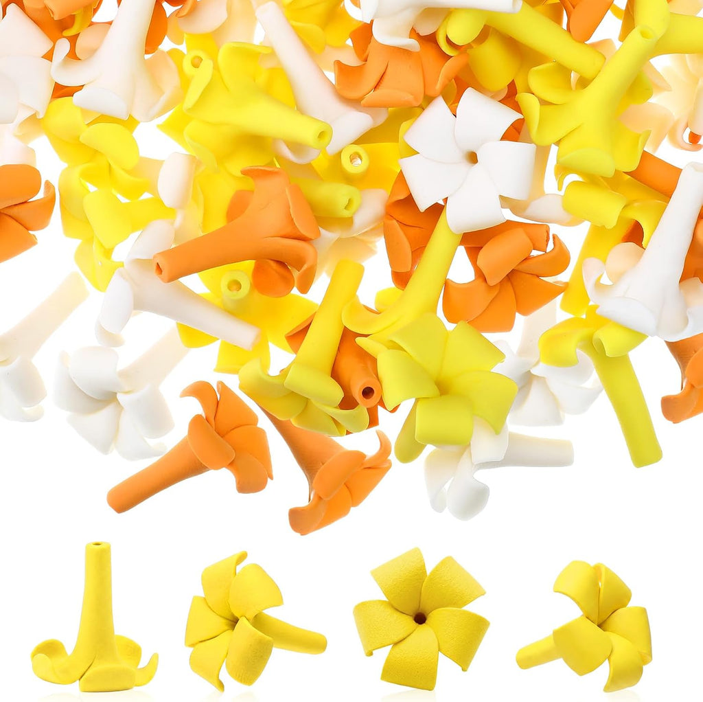Jutom 100 Pcs Puakenikeni Clay Flowers Beads 20mm Handmade Pikake Clay Bead with Pre-drilled Holes Hawaiian Pikake Flower Beads for Earrings Necklaces Jewelry Making (Orange White Yellow)