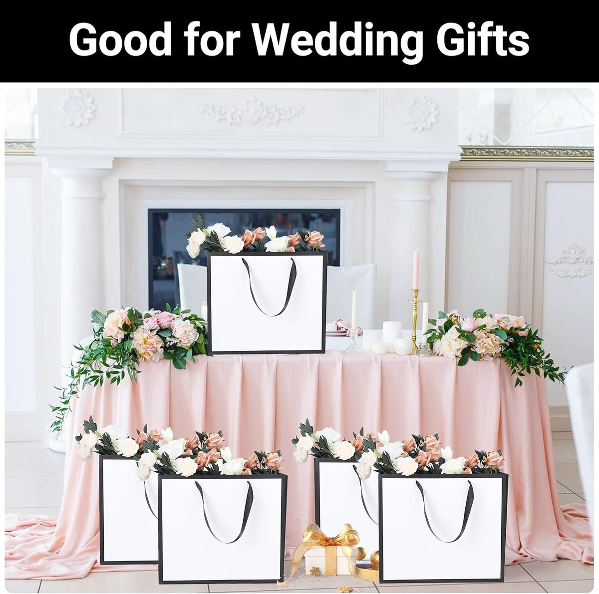 eusoar white&black gift bags, 50pcs 12.5"x4.5"x11" paper wrap, package contents