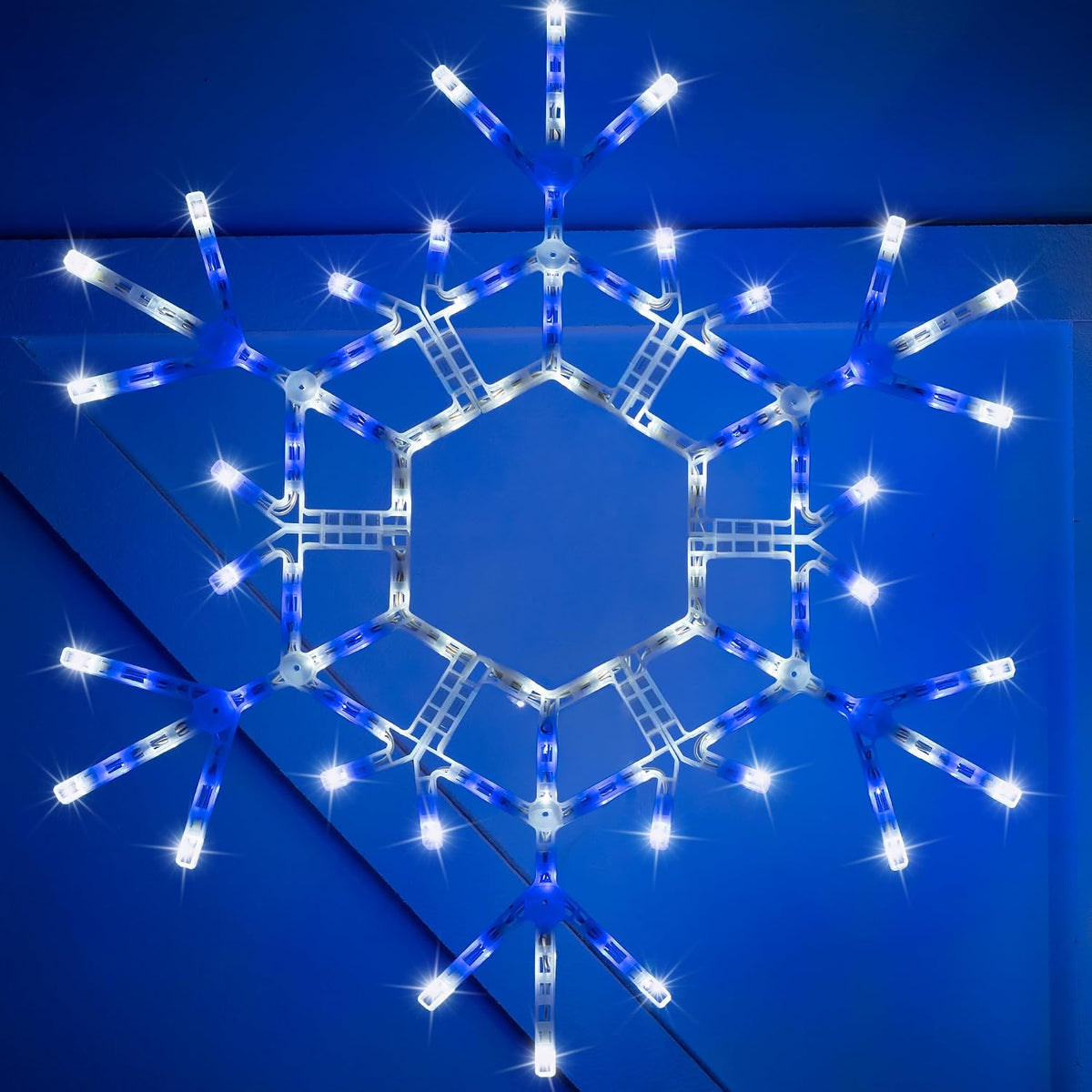 Kringle Traditions Christmas Snowflake Lights Outdoor, 105 LED 36" Folding Blue & White Snowflake Hanging Light, Weather-Resistant Christmas Decoration for Yard, Window, Porch, or Eave