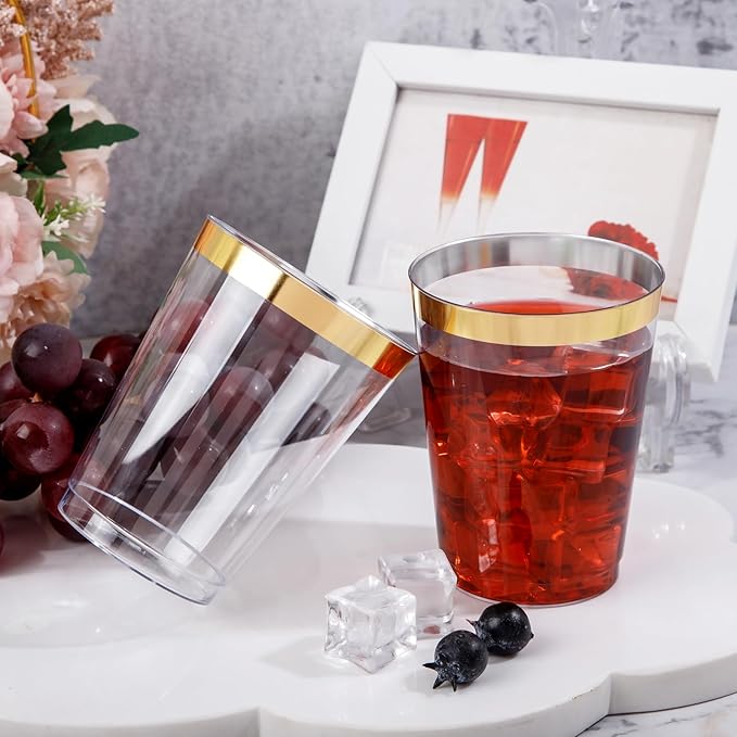 DaYammi 200 Pack Gold Plastic Cups 10 Oz Clear Plastic Cups Gold Rimmed Disposable Wine Glasses Heavy Duty Disposable Tumblers Drinking Cocktail Glasses for Party Wedding
