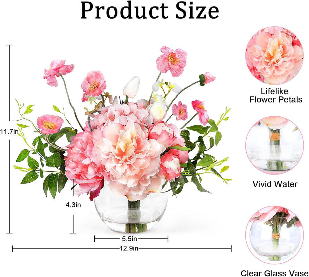 Peonies Artificial Flowers in Vase, Pink Artificial Flowers with Faux Water, ...