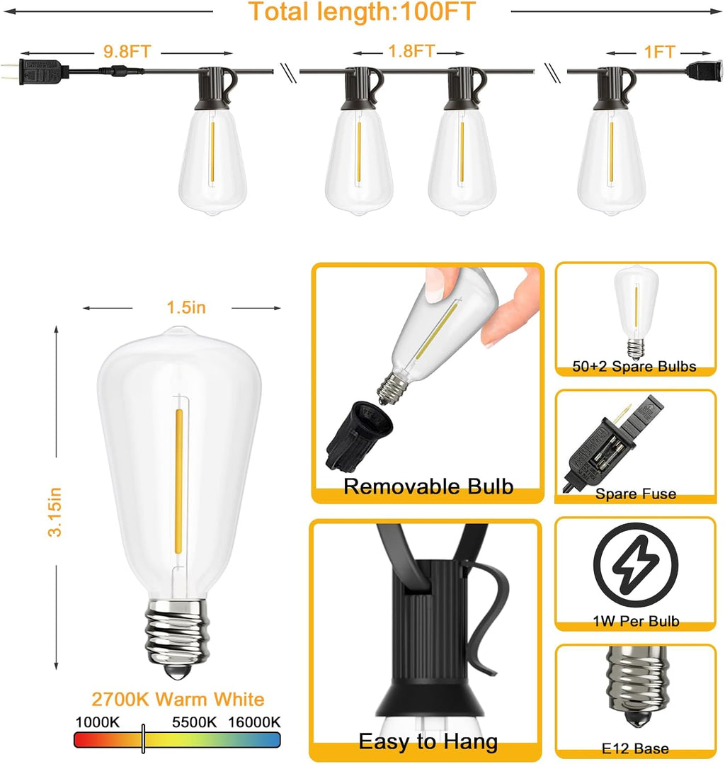 svater outdoor string lights 100 ft, outside led, side view