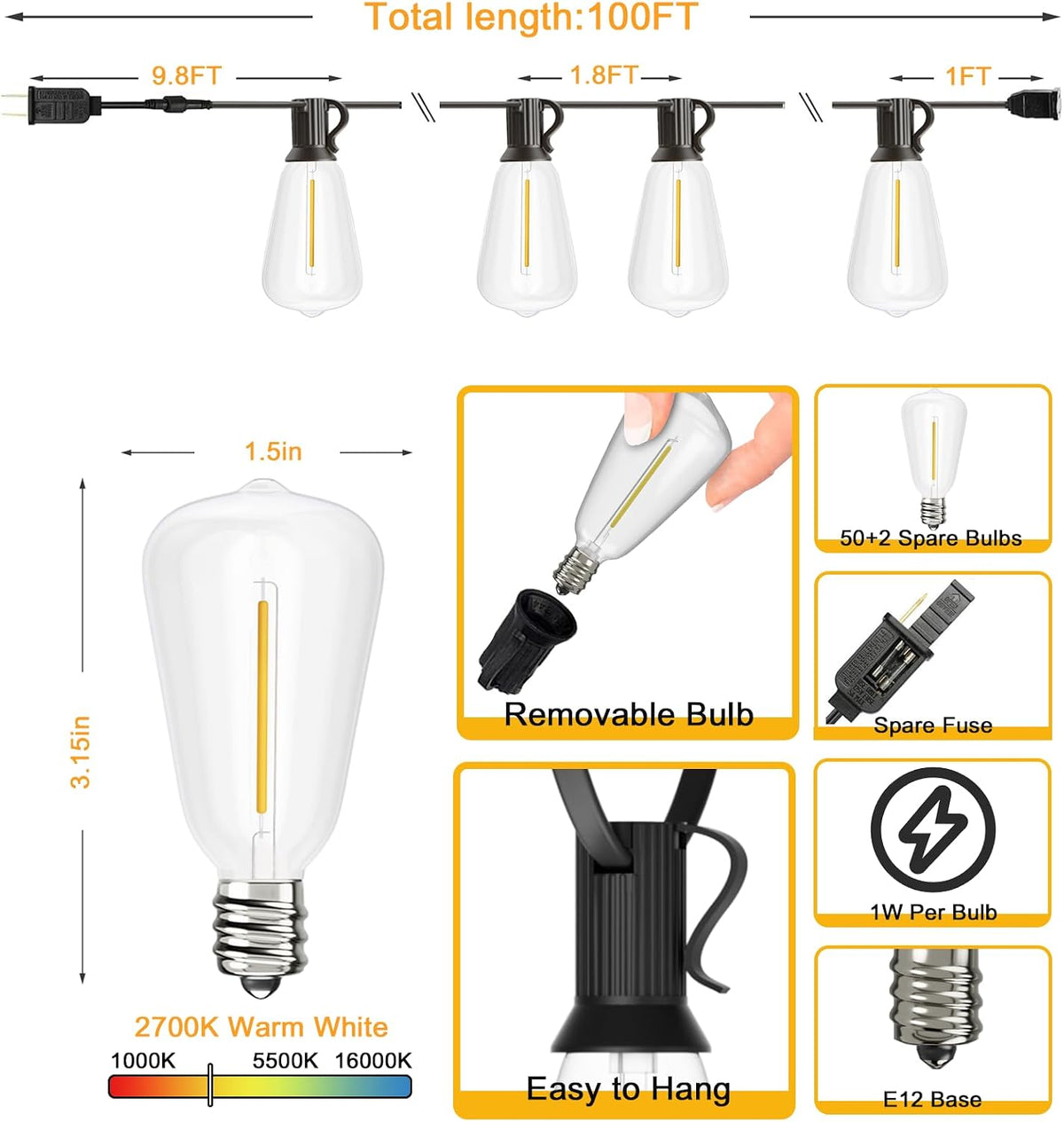 svater outdoor string lights 100 ft, outside led, side view