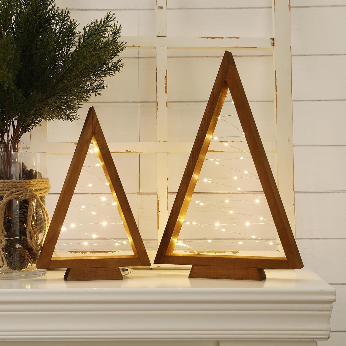 FestalMart Christmas Decorations-2PCS Light Up Wooden Christmas Tree- Handmade Tabletop Christmas Tree with Light for Farmhouse Home Kitchen Table Mantle Shelf Party Decor