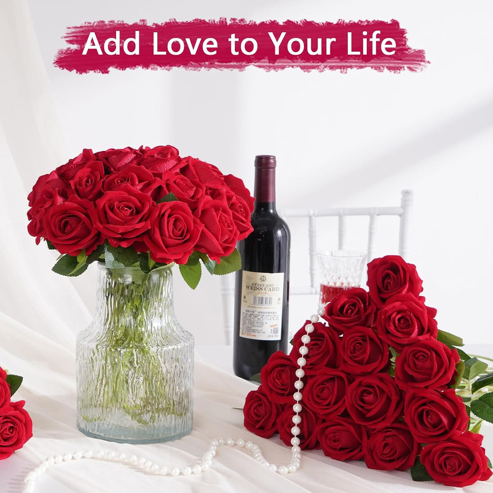50Pcs Red Roses Artificial Flowers, Real Touch Velvet Fake Roses Bouquet