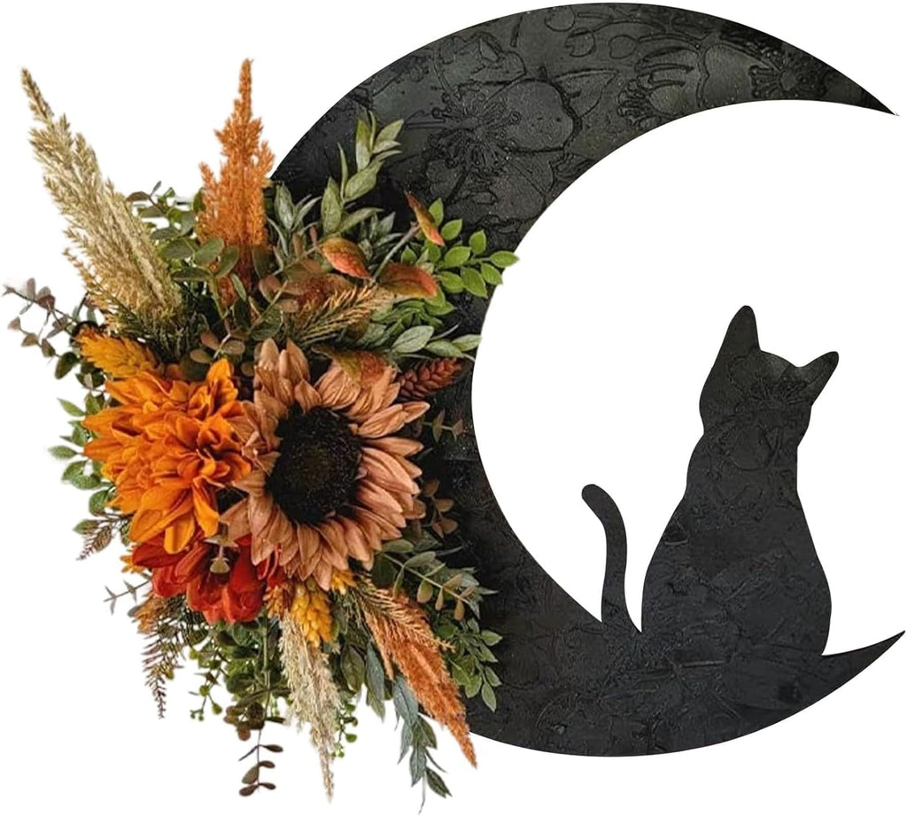 Halloween Wreath, Cat Moon Decor, Fall Door Hanger