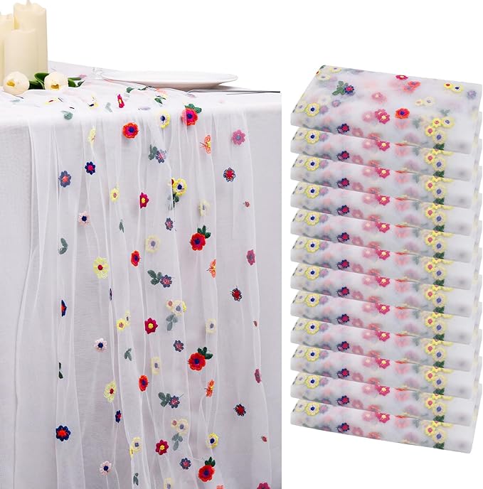 BINBE 12pcs Daisy Fall Table Runner Embroidery Gauze 10FT Florals Seasonal Tulle Holiday Birthday Kitchen Dining Table Decor for Home Party Ivory