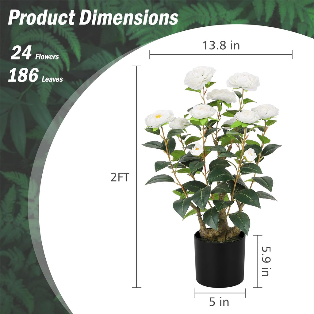 romantic season 2ft white artificial camellia tree 2pack, close-up detail