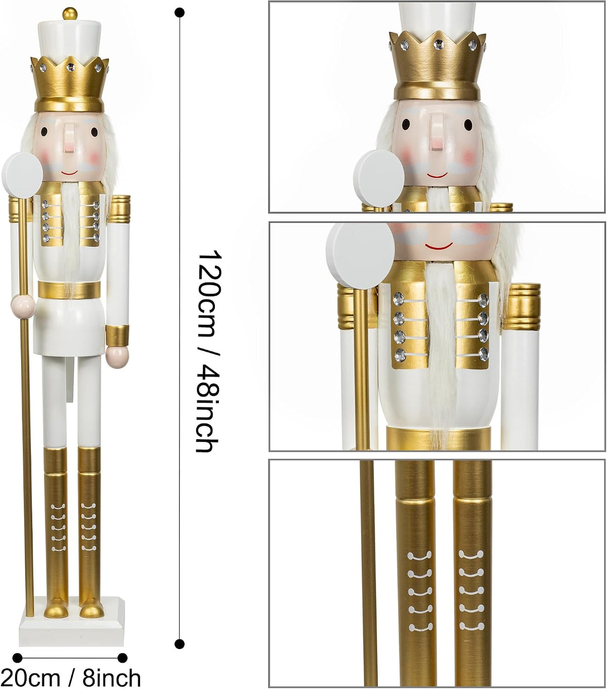 KI Store 4ft Wooden Christmas Nutcracker White and Gold Soldier Figurine Life Size Collectible Nutcracker Decorations for Christmas Decorations