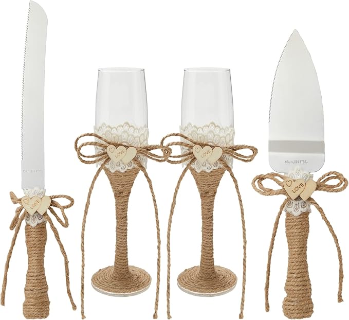 Juvale Wedding Decor Rustic Cake Knife & Server Set with Champagne Flutes - Brown Wood Handles, 13.2in Knife & 11in Server, 7.1oz Flutes - Rustic Wedding Decorations