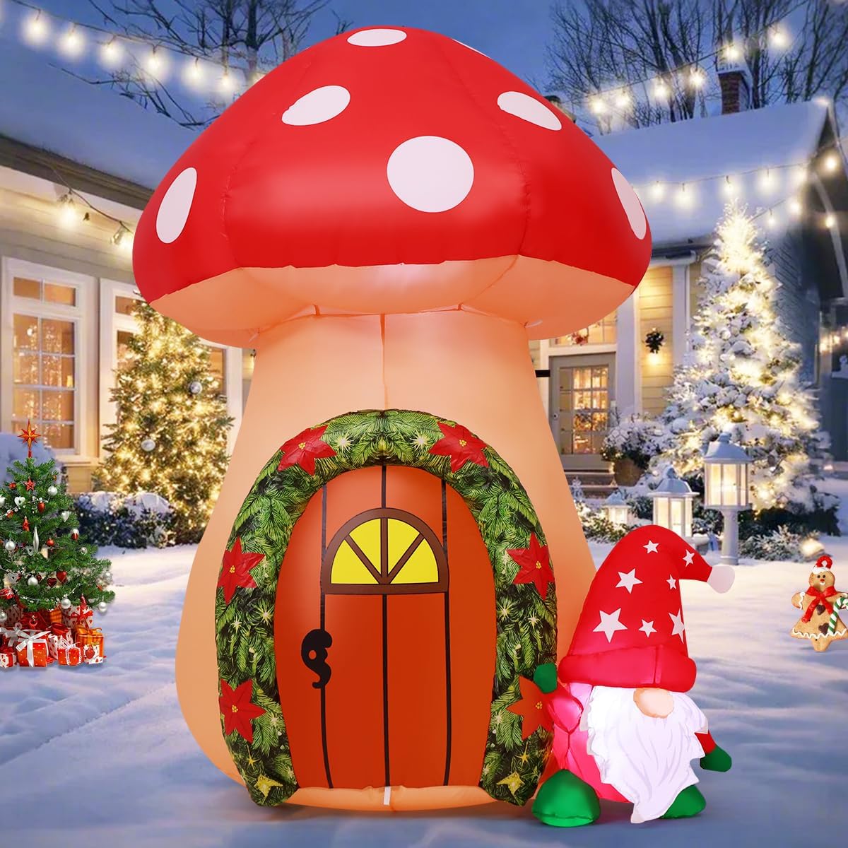 COMIN 5.7 FT Christmas Inflatables Outdoor Decorations Inflatable Gnomes and Mushroom House Blowups with Built-in LEDs for Yard Party Lawn Decor
