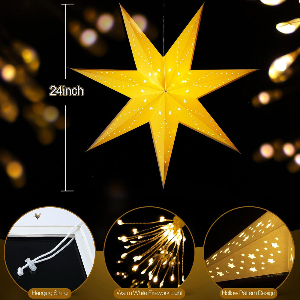 Hiboom 2 Pack Paper Star Lantern 24 Inch, 8 Mode 50 LEDs Firework Fairy Strin...