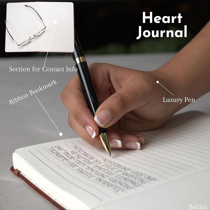 SETTINI® Lined Journal - Heart Journal for Writing Gift Set - Hardcover Vegan Leather, Includes Luxury Pen in a Unique Pen Holder, 192 Pages, 6 x 8.5 inches - Birthday Gift