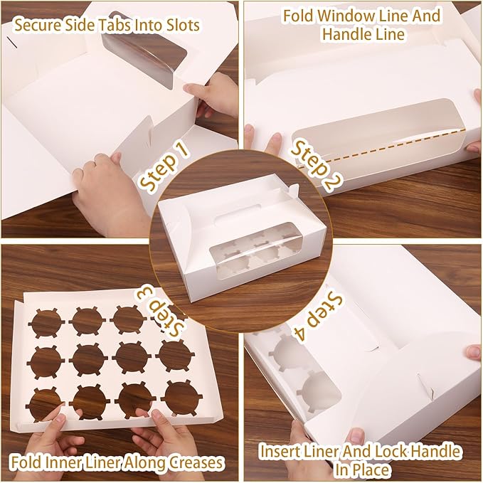 White Cupcake Boxes 12 Count, 30 Pcs Cupcake Containers with Handle, Window, and Inserts – Holds 360 Standard Cupcakes, Food-Grade Gable Boxes for Muffins, Cakes, and Party Desserts
