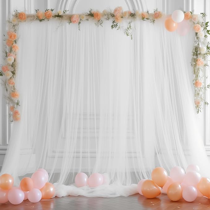 20x10 White Tulle Backdrop Curtains for Parties, Sheer Backdrop Curtain Wedding Photo Background Drapes for Baby Shower Photography Birthday Party