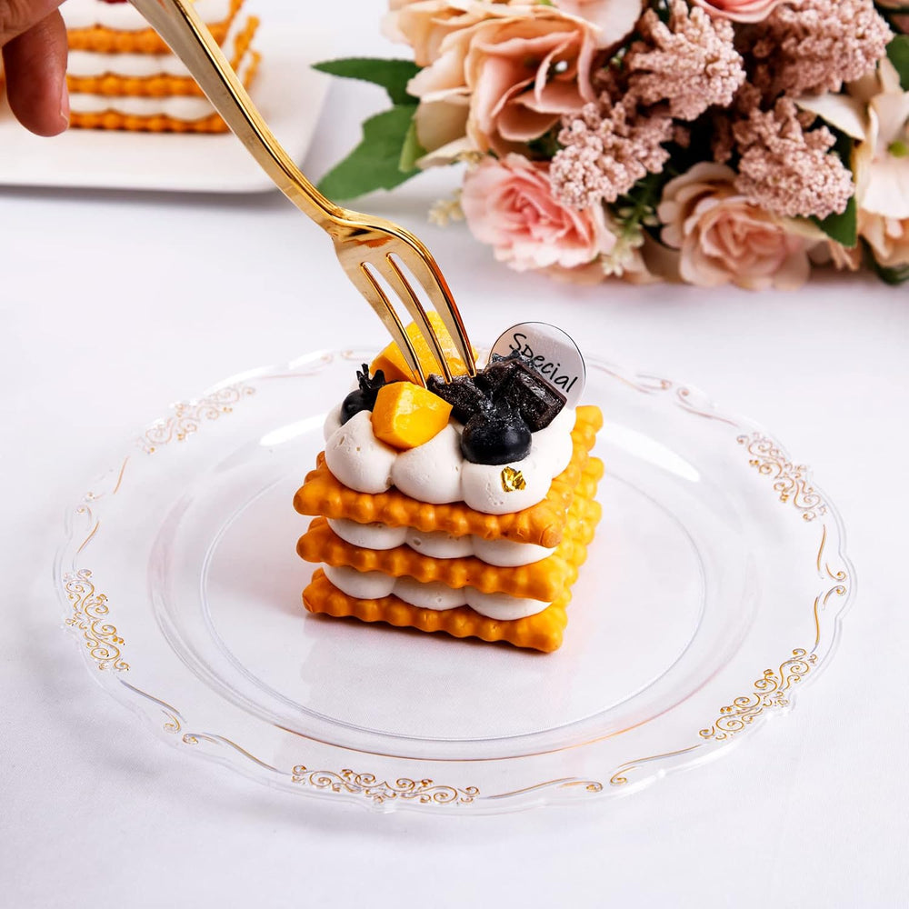 LIYH 200 Pcs Clear Gold Sturdy Plastic Cake Plates & Forks for Weddings