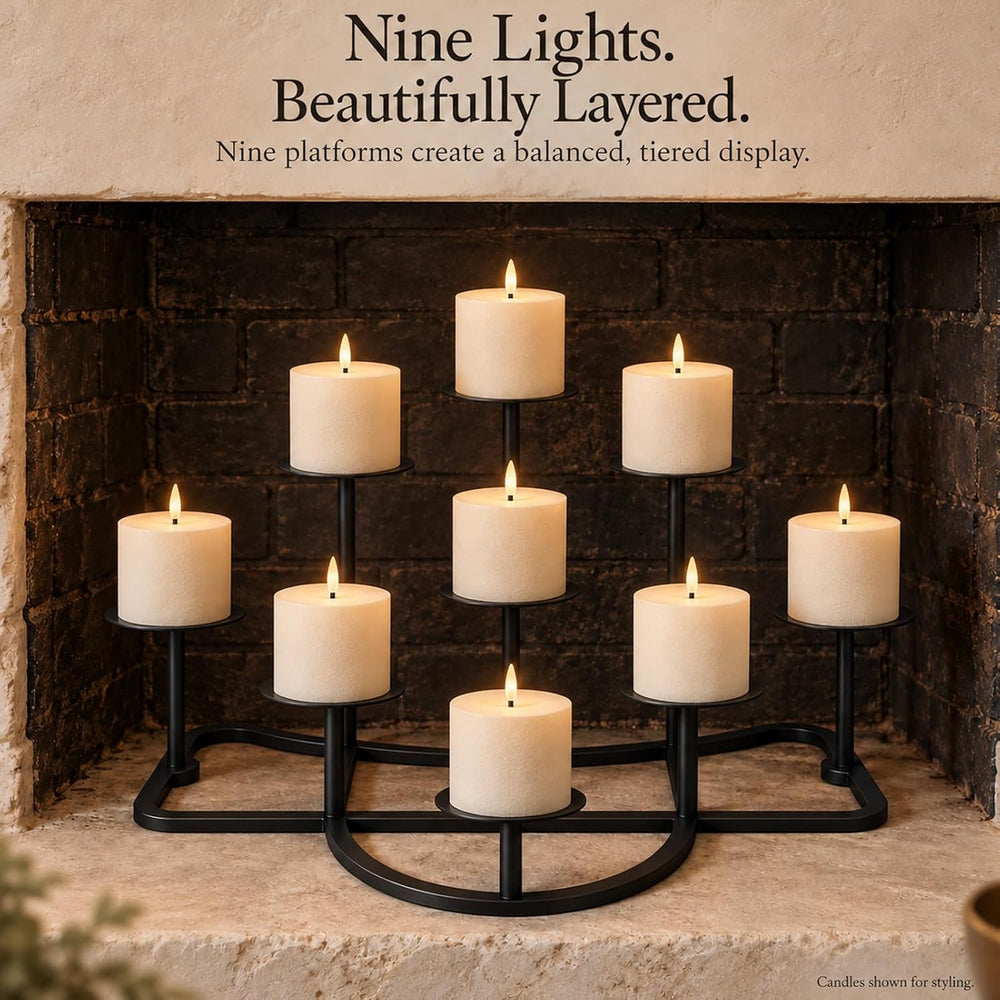Smtyle Black Fireplace Candelabra, 9 Candle Holders for Pillar Candles