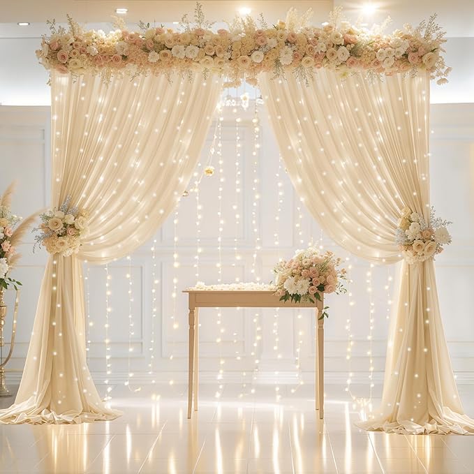 10x10ft Champagne Backdrop Curtain with Lights for Wedding Parties, Chiffon Curtains Backdrop with Lights for Baby Shower Bridal Shower Birthday Party Ceremony Reception