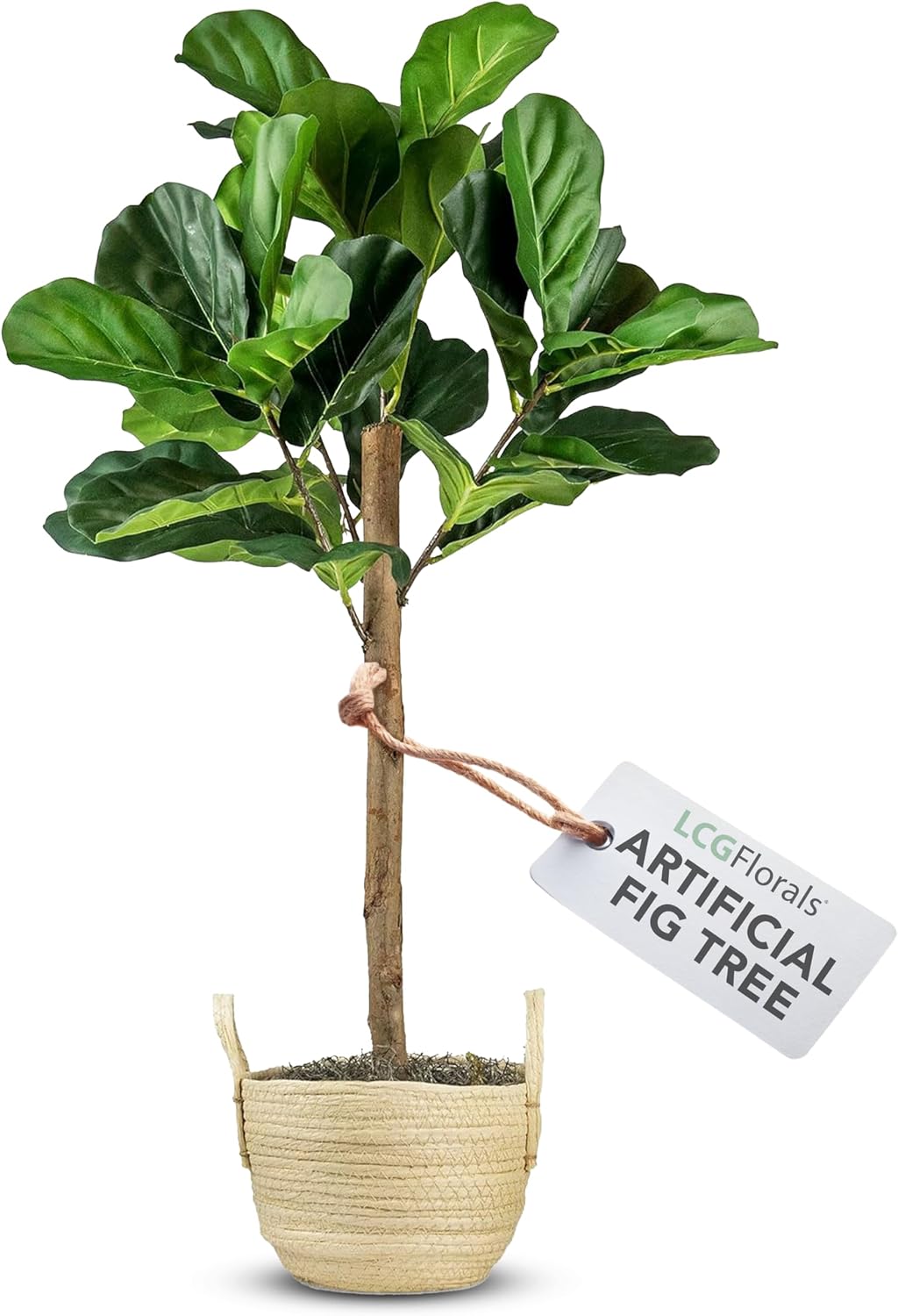 LCG Florals 3ft Artificial Fiddle Leaf Fig Tree in Boho Woven Basket - Real Wood Trunk, Preassembled, No Maintenance Indoor Faux Plant - Living Room, Home & Office Decor