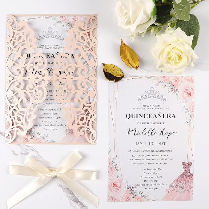 50pcs Blush Pink Wedding Invitations With Envelopes and Rsvp Cards 5x7 Inches Laser Cut Wedding Invitation Pockets for Bridal Shower QuinceañEra Engagement Birthday Invites