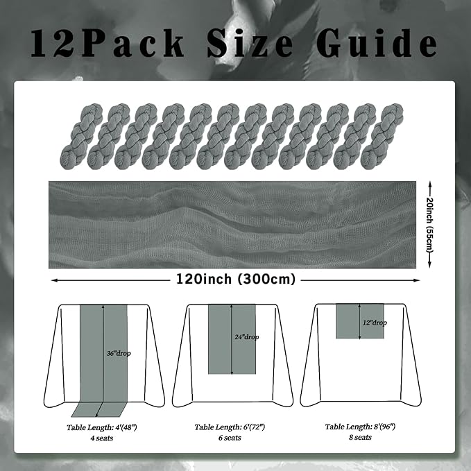 12 Pack Gray 10FT Cheesecloth Table Runner Rustic Gauze Fabric Cheese Cloth Table Runner for Wedding Bridal Baby Shower Table Decor 20 x 120 Inch Long Boho Sheer Birthday Party Table Decorations