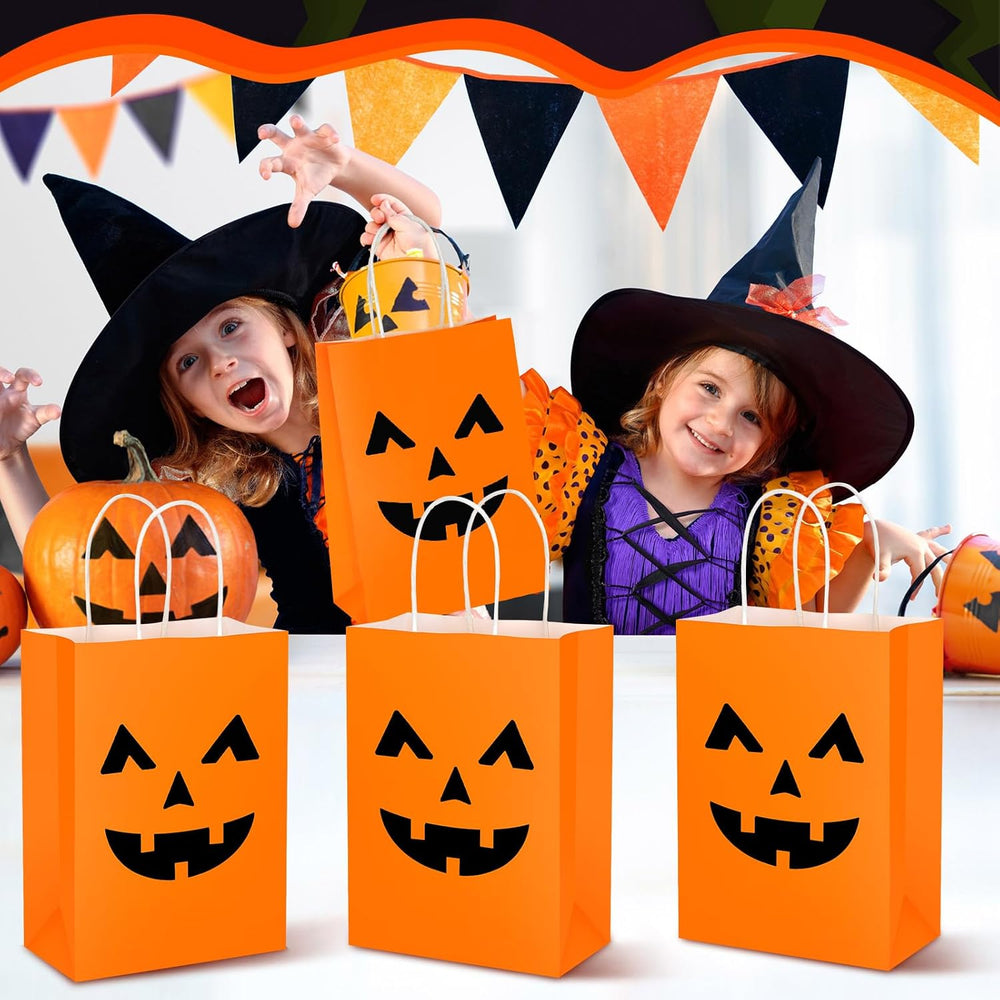 Ctosree 100 Pcs Halloween Pumpkin Gift Bags with Handle, Party Favor Bags