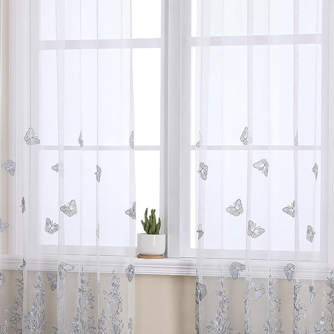 VISIONTEX White Sheer Voile Curtains, Decorative Blue Embossed Butterflies Rod Pocket Window Drapes for Home Kitchen, Living Room and Bedroom 54 x 95 Inch, Set of 2 Curtain Panels