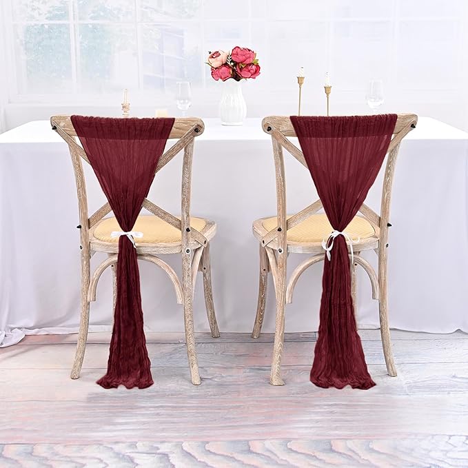 50 PCS Cheesecloth Chair Sashes Bows Wedding Aisle Decorations Chair Ribbon Ties Back Sash for Wedding Party Events Banquet Chair Cover Decoration (Burgundy)