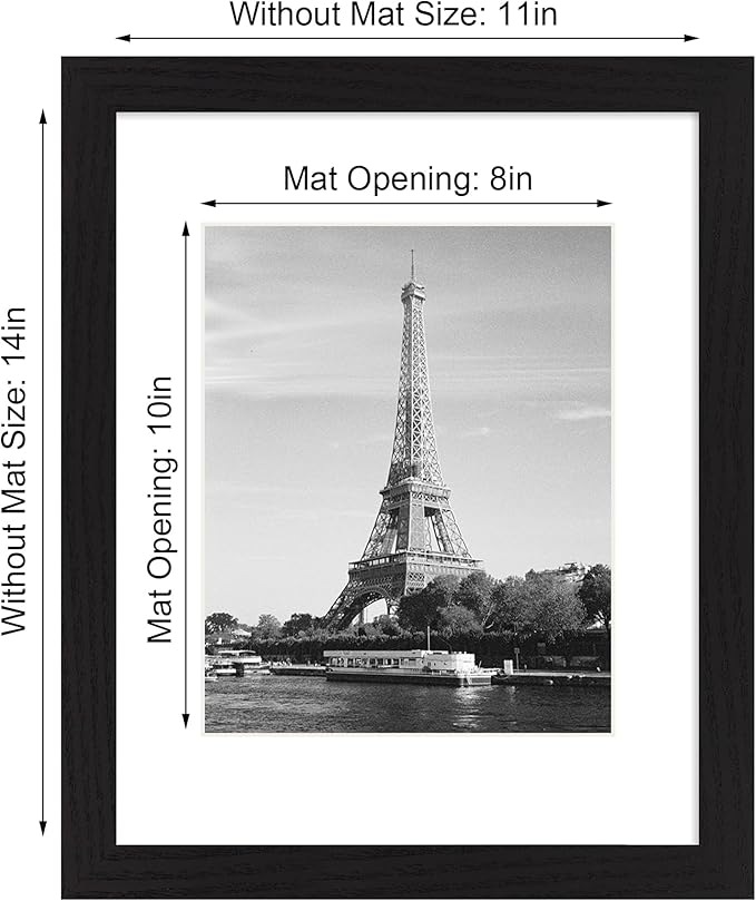 11x14 Picture Frame Set of 4 with Tempered Glass, Black Frame Display 8x10 Picture with Mat or 11 x 14 Without Mat, Rustic Wood Photo Frames for Horizontal or Vertical Wall Mounting