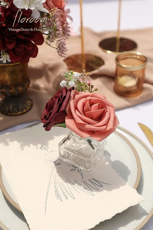 Floroom Artificial Flowers 50pcs Real Looking Burgundy & Pinky Cedar Foam Fake Roses with Stems for DIY Wedding Bouquets Bridal Shower Centerpieces Floral Arrangements Party Tables Home Decorations