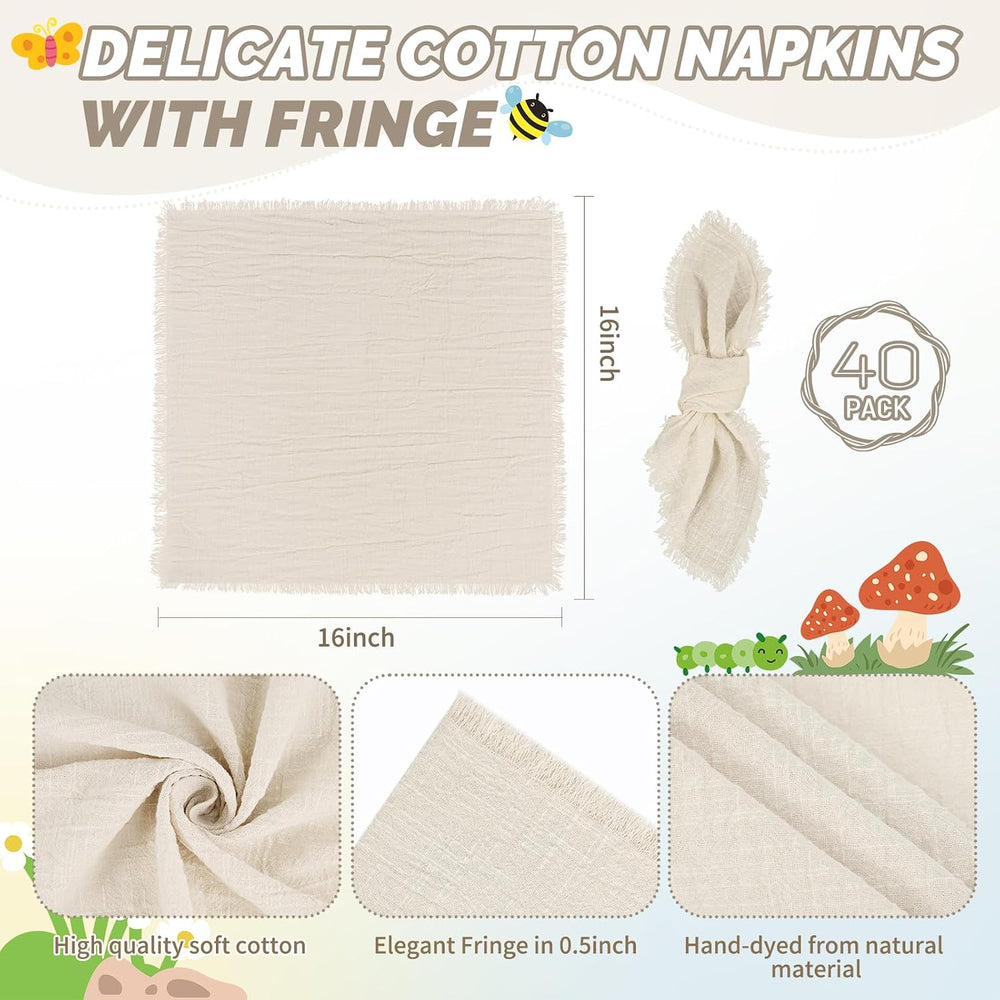 Showgeous 40 Pack Natural Cloth Napkins with Fringe 16x16 inch