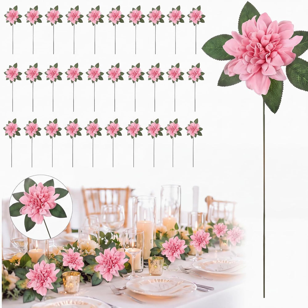 XunYee 50 Pack Artificial Dahlia Flowers Bulk, Silk Floral, Dark Pink