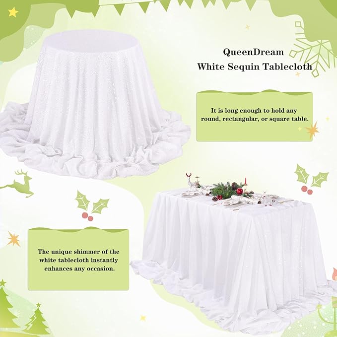QueenDream Sequin Tablecloth 90 x132 Inch White Rectangle Tablecloth Glitter Table Cloth Overlay Wedding Birthday Christmas Decorations