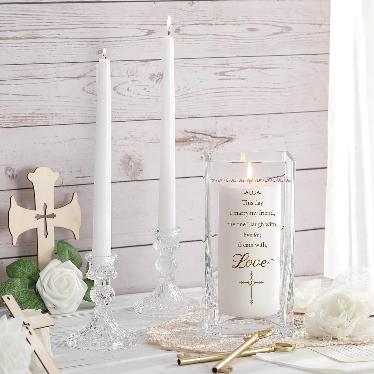 FoldTier Unity Candles with Holder for Wedding Ceremony Set 1 6" Pillar 2 9.8'' Taper Candles 3 Candlestick for Religious Formal Events Church(Cross) (3 Pcs)