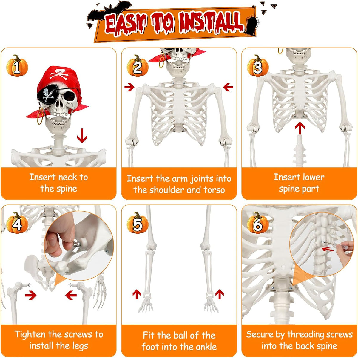 MyoGrip 5.5 FT Skeleton Halloween Decorations, Posable Full Body Life-Size Skeleton Prop with Movable Joints for Halloween Decorations Haunted House Outdoor Yard Prop