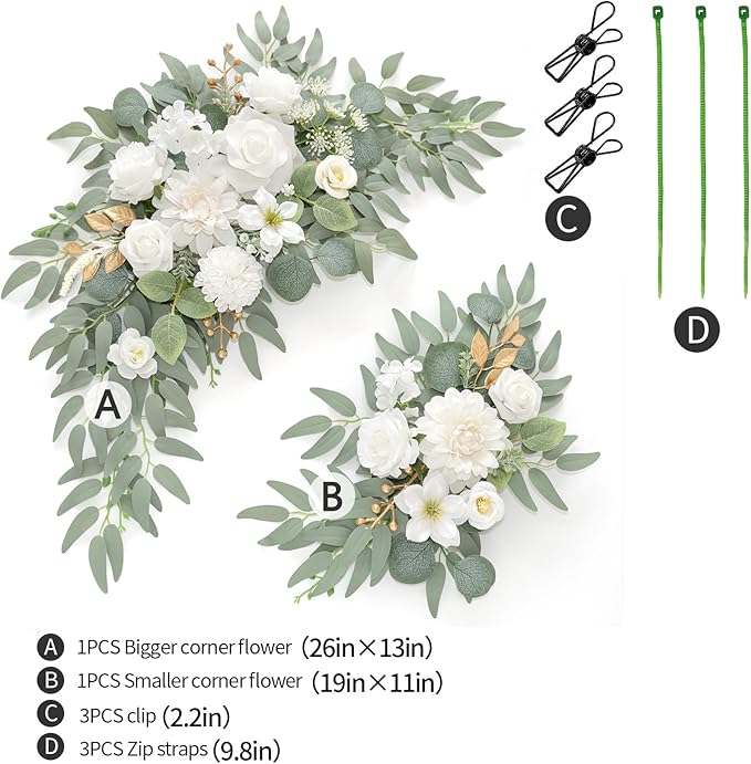 Faux Flower Swag Set of 2 for Wedding Welcome Signs Floral Swag Wedding Reception Ceremony Signs Decor (A-White)