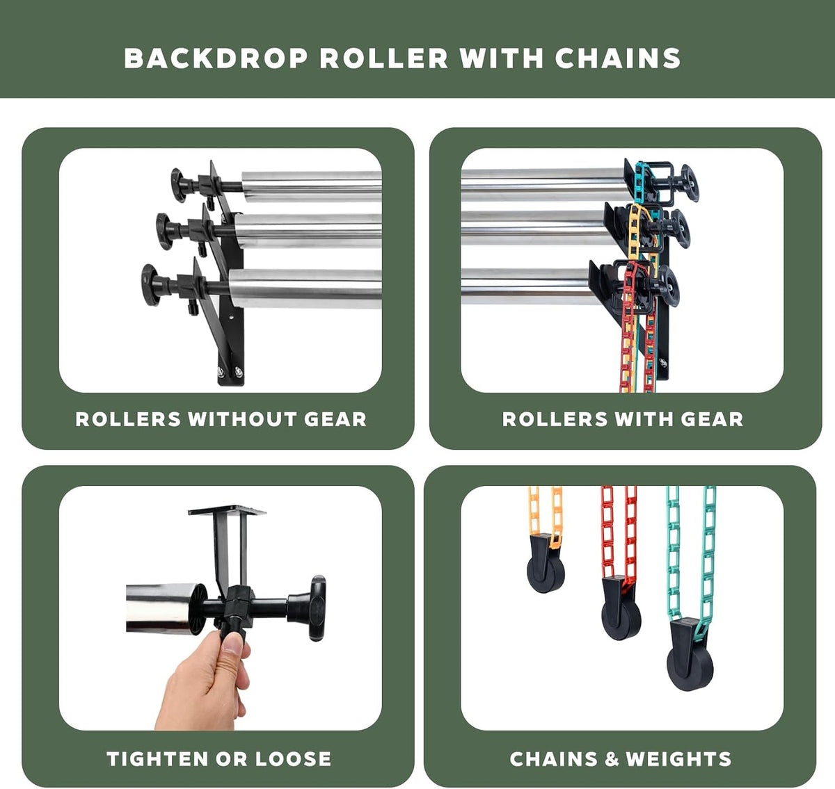 photography backdrop roller support system, 3 rollers, 120-inch, side view
