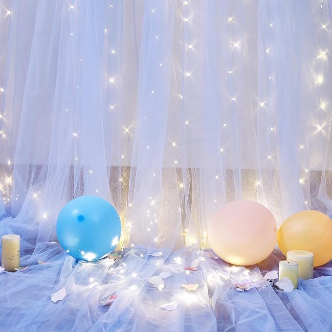 Blue Tulle Backdrop Curtains with Lights String for Parites Baby Shower 30×8ft Blue Sheer Backdrop Curtains Drapes for Bridal Shower Birthday Party Photo Shoot Background Decorations(6 Panels 5×8ft)