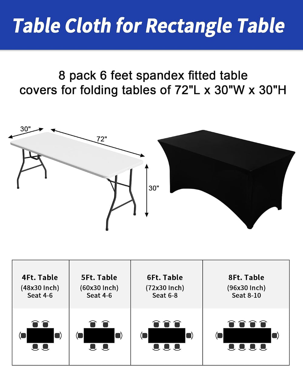 Fixwal 8 Pack 6FT Black Tablecloth Rectangle Spandex Fitted Table Cover