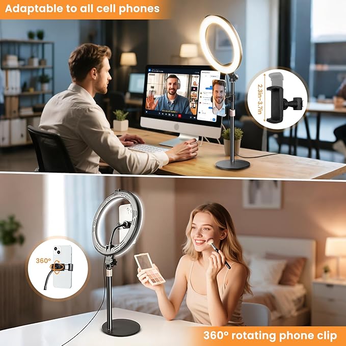 MACTREM 10“ Desk Ring Light with Stand, Desktop LED Circle Halo Light with Phone Holder for Computer Zoom Meeting, Laptop Light for Conference Video Calls, Live Streaming, Podcast, Selfie, Makeup
